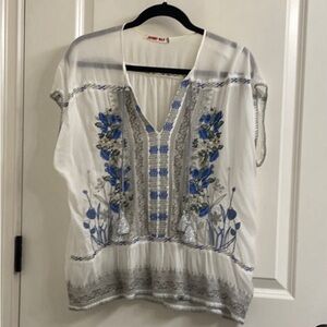 Johnny Was White and Blue Embroidered Blouse